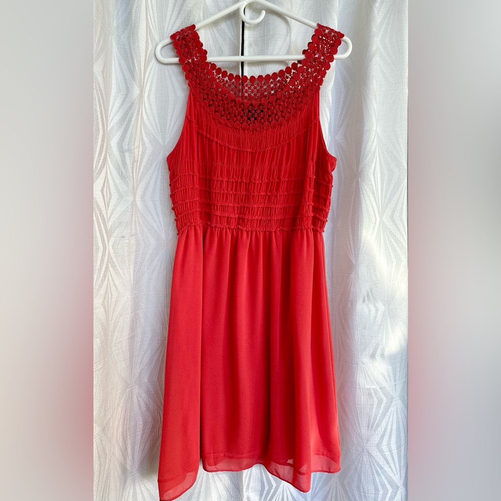 Detailed, coral and chiffon dress, size XL